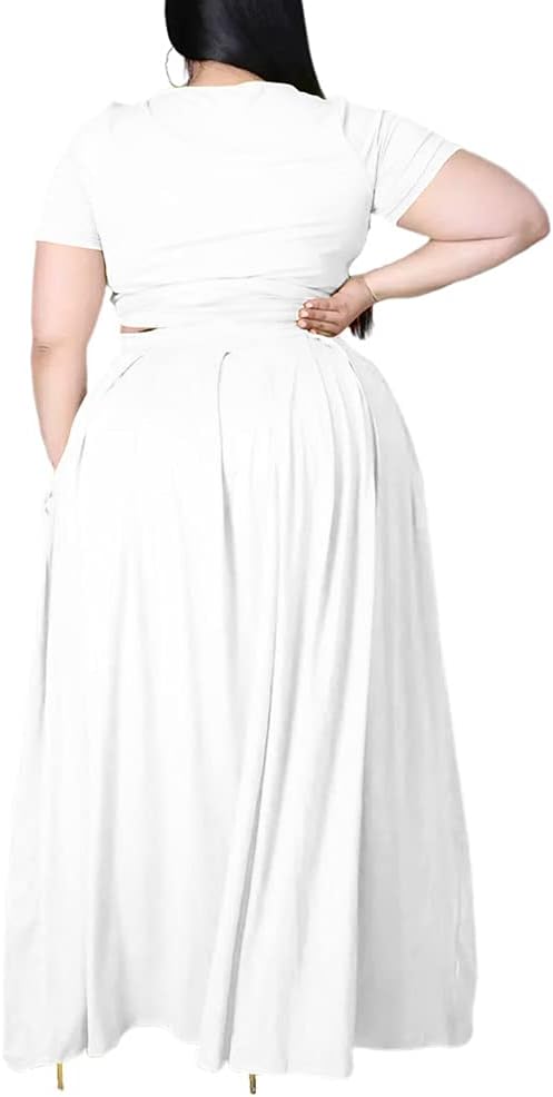 Ophestin Womens Plus Size 2 Piece Dress Outfits Solid Color Crop Top Maxi Skirts Set - Image 5