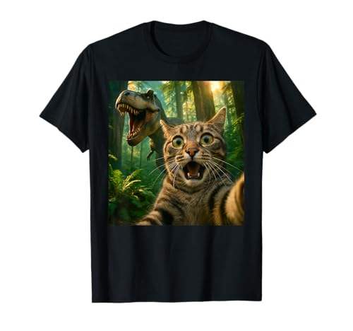 Cat Selfie with a T-Rex Funny Dinosaur T-Shirt