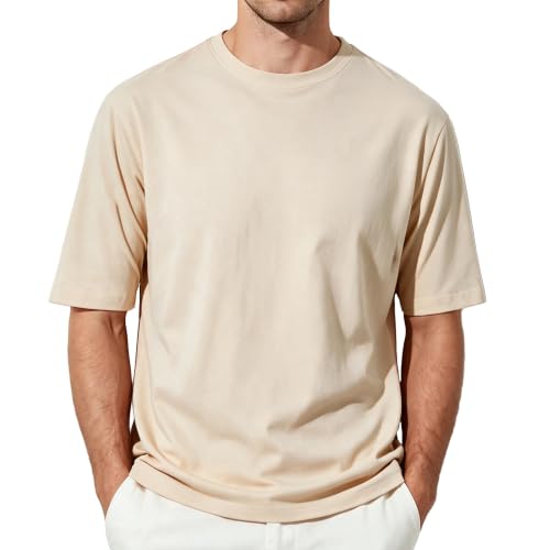 FamilyBlisst Men Crewneck Short Sleeve T-Shirt Solid Color Apricot Size Large