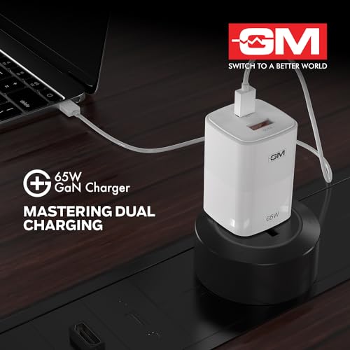 Image of GM G+ 65W Mobile Fast Charging Adapter | GaN Technology | 2 USB Port - Type C & A | Compatible with Iphone 16, 15, 14, Samsung, Type C Laptops, MacBook, Dell, HP, ASUS | BIS Certified PD Charger