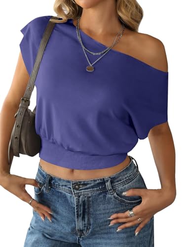 Image of SOFIA'S CHOICE Women's Off The Shoulder T Shirt Crop Top Casual Summer Dolman Sleeve Asymmetrical Cinched Waist Tops