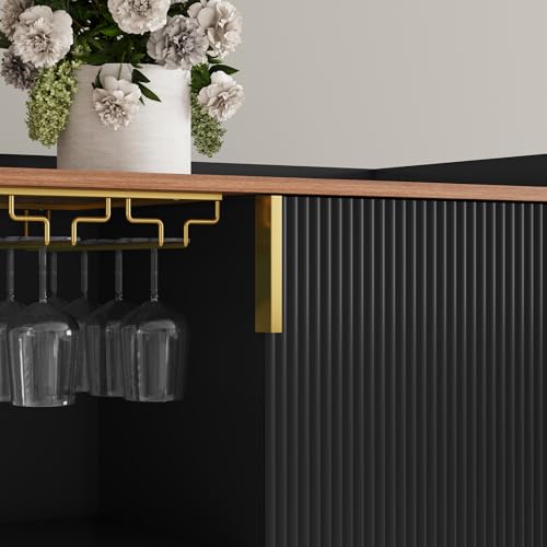 Image of ARTPOWER 48 inch Wine Bar Cabinet with Fluted Texture, Modern Buffet Sideboard with Wine Rack and Glass Holder, Liquor Coffee Station with Storage for Kitchen, Living Room, Home Bar, Black