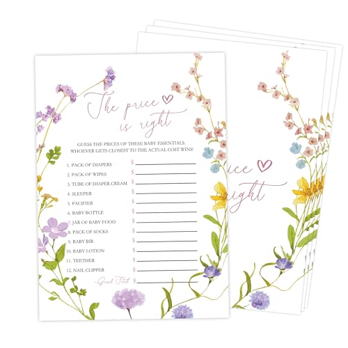 Wildflower The Price is Right Game, Pack of 30 Game Cards, Boho Floral Baby Shower Game, Gender Reveal Party Decorations, Gender Neutral - KR21