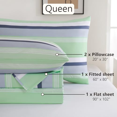 Image of MCO 4Pieces Striped Sheets Set, Breathable Queen Sheet Set with 16 inch Deep Pocket,Modern & Luxury, Brushed Microfiber Bedding Set(Queen, Green Gray)