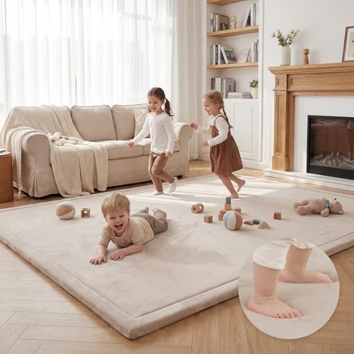 Image of Baby Play Mat for Floor,1.3 inch Thick Elasti Foam Tummy Time Mat,79 inchx158 inch Extra Large Soft Coral Velvet Nursery Rug,Non Slip Safe for Crawling,Toddlers,Infants,kids,Tatami Style for Living Room,Classroom,Playroom(Beige)