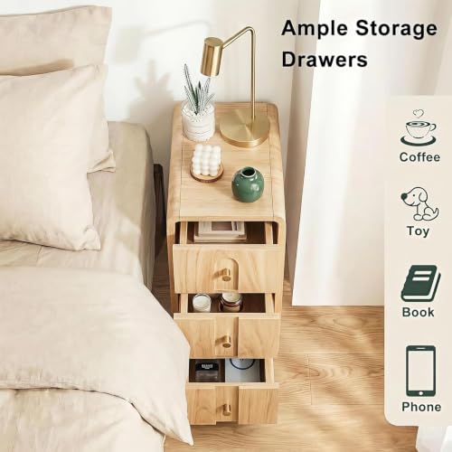 Image of Narrow Nightstand Set of 2, Small Bedside Table with 3 Drawers, Mid Century Modern Skinny Nightstand with Storage, Wood Slim Side Table for Bedroom, Living Room (Natural-2pcs)