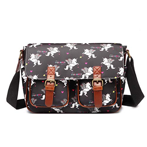 Miss Lulu Unicorns Handbag Matte Oilcloth Satchel Waterproof Women's Shoulder Bag for Shopping Working (Black)