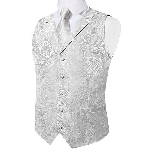 Dibangu Silver Paisley Suit Vest For Men Formal Business 7Pcs Solid Color Regualr Fit Waistcoat Necktie And Tie Clip Pocket Square Cufflinks Lapel Pin Set For Wedding Party #TOP3