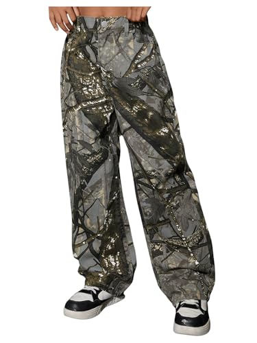 SHENHE Girl's Camo High Waisted Wide Leg Jeans Loose Casual Long Denim Pants Streetwear