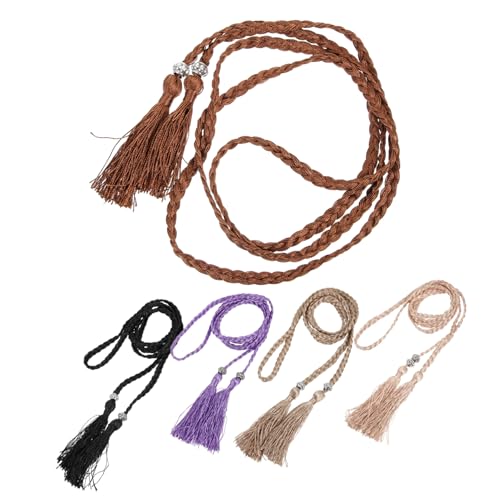 5pcs Women Woven Waist Belts with Tassel Decoration Hand Knitted Braided Rope for Skirts Pants Dresses Multi Color Including Light Purple Apricot Black Dark Khaki