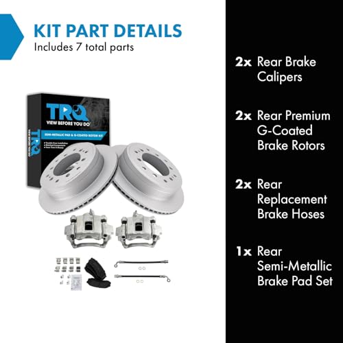 Image of TRQ Rear Brake Pad and Rotor Set Semi Metallic Coated Rotors Calipers Compatible with 2010-2021 Lexus GX460 2010-2020 Toyota 4Runner