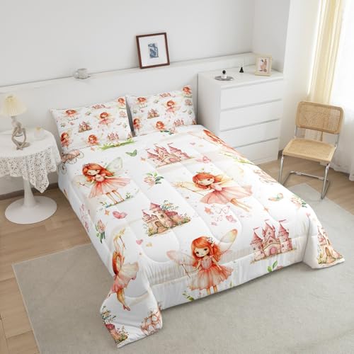 Image of Princess Castle Flower Comforter Set King Size Girls Kids Boys Duvet | Butterfly Cute Kawaii Breathable Soft Lightweight Quilt Set Bedding Set Bedroom Decor Microfiber Pink Warm Cozy All Season