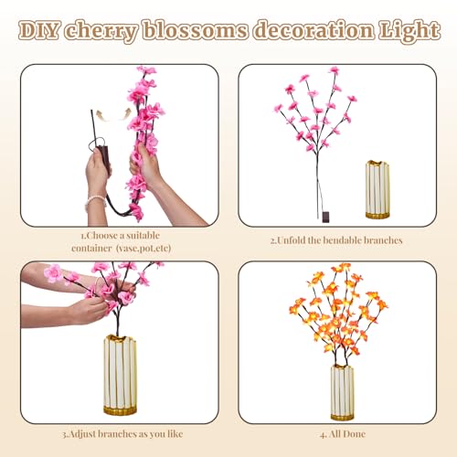 BomKra 2Pcs Cherry Blossom Branches Lights,30in Cherry Blossom Fairy Lights Decor Gift with 40 LED, Battery Powered, Valentine's Day Decorations Indoor for Vases Wedding Party Home Indoor Decor - image 6