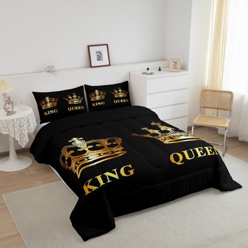 Image of Feelyou Gold Crown Bedding Set for Kids Boys Girls Queen, King Queen Comforter Set Mr Mrs Comforter Anniversary Duvet Set Men with 2 Pillow Case