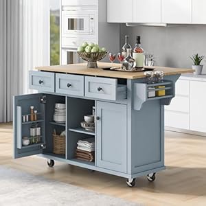 RITSU Cart with Drop Leaf Countertop Kitchen Island on 5 Universal Wheels with Open Shelves Storage Cabinet and 3 Drawers Large Rubberwood Top Breakfast Bar for Dining Room Grey Blue 531Inch