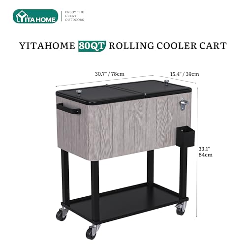 Image of YITAHOME 80 Quart Rolling Cooler Cart with Bottle Opener Drainage, Portable Wicker Patio Cooler Rolling on Wheels, Outdoor Beverage Cart Rolling Drink Cooler for Patio Pool Deck Party Cookouts