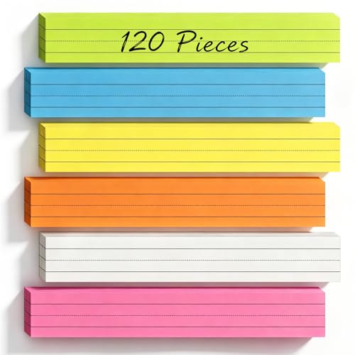 120 Pcs Colored Sentence Strips, 3 x 23 Inch Lightweight Ruled Learning Strips, 6 Colors, Thin Paper Writing Strips for Classroom Teaching, Vocabulary and Handwriting Practice (6 Colors)