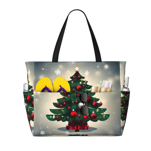 Christmas Gift Tree Large Capacity Beach Travel Bag, Foldable Beach Bag with Zipper, Great for Grocery Bag Pool Gym Travel Shopping