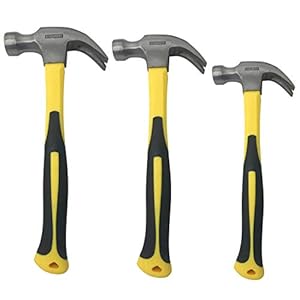 3 Pack of Claw Hammers (20 oz, 16 oz, 8 oz) with Sure-Grip Fiberglass Handles and Polished Steel Head