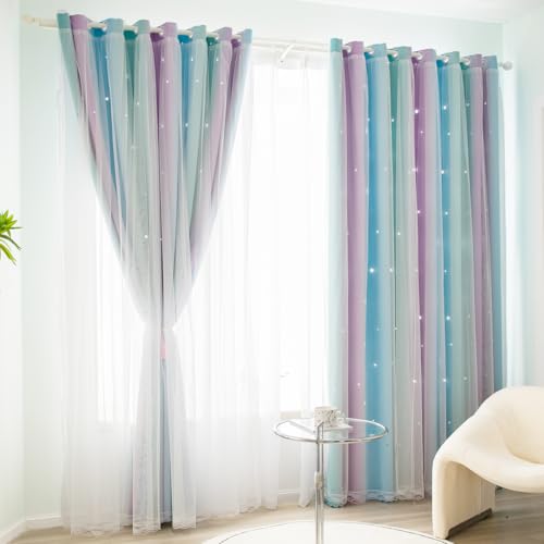 Image of Yancorp Curtains for Girls Bedroom Kids Curtain Hollow-Out Star Window Nursery Curtain 63 inches Length Room Darkening Grommet 2 Layers,1 PaneliE†Purple Teal Blue, W52 X L63