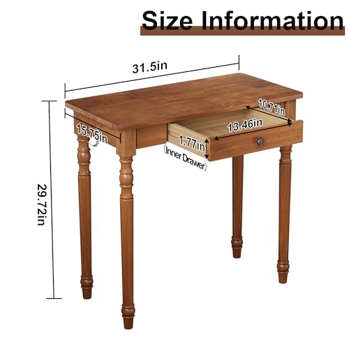 Image of 100% Solid Wooden Desk with Drawers - 31.5 inch Mid Century Modern Desk with 2 Hooks, Vintage Writing Desk with Drawers, Simple Work Study Table for Bedroom & Home Office - Walnut Color