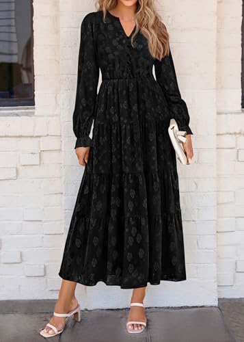 Image of KIRUNDO Spring Wedding Guest Dresses for Women 2026 Maxi Floral Long Sleeve Elegant Ruffle Tiered Flowy Party Long Dress