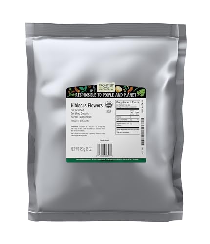 Frontier Co-op Organic Hibiscus Flowers, 16 Ounce, Sun Dried Bright Red Color, Fruity Flavor, Non Irradiated, Non ETO, Kosher