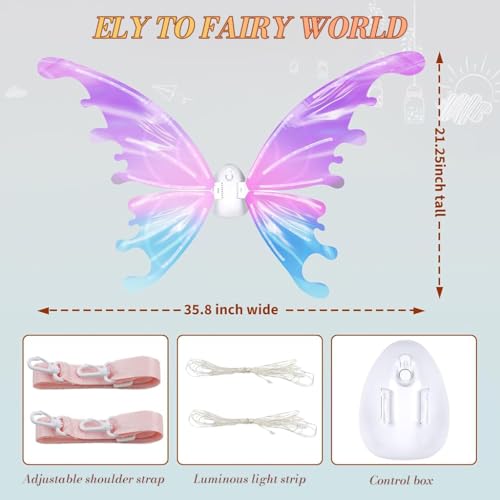 Image of PATPAT Light-Up Fairy Butterfly Wings for Girls, Colorful Flapping Fairy Wings with Light & Music, Elastic Shoulder Straps, Dress Up Costume for Party, Cosplay.
