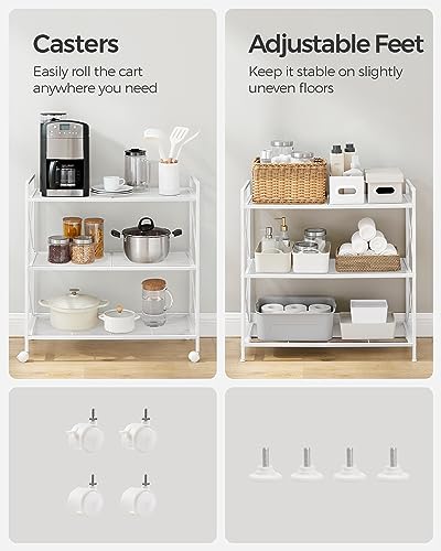 Image of SONGMICS 3-Tier Metal Storage Rack with Wheels, Mesh Shelving Unit with X Side Frames, 31.5-Inch Width, for Entryway, Kitchen, Living Room, Bathroom, Industrial Style, White UBSC183W01