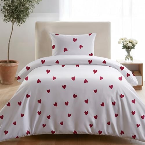 Dreamzie Bettwäsche Set 135x200 cm mit 1 Kissenbezug 80x80 cm – Rotes Herzmuster – Bettwäsche für Einzelbett aus 100% Mikrofaser – Oeko-Tex Zertifiziert – Ohne Schadstoffe