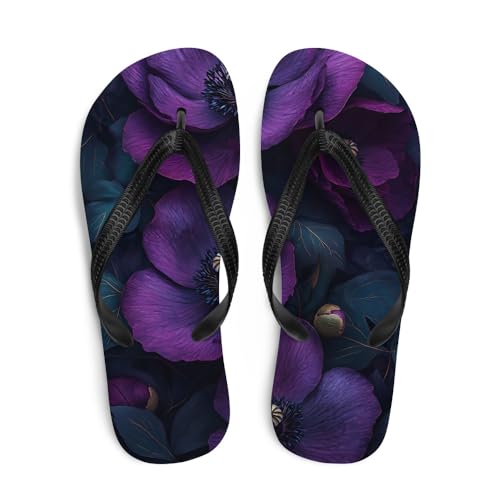 Gothic Purple Floral Flip-Flops, Dark Aesthetic Sandals, Vintage Grunge Flower Print Beach Shoes, Casual Summer Slides