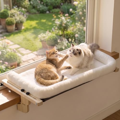 Pecute Weiche Katzenhängematte für die Fensterbank bis 30 kg, 80cm(Weiß) | Massivholzrahmen, Klettverschluss-Design Einfache Montage, Extra Groß Katzen Hängematte Weicher Plüsch, W