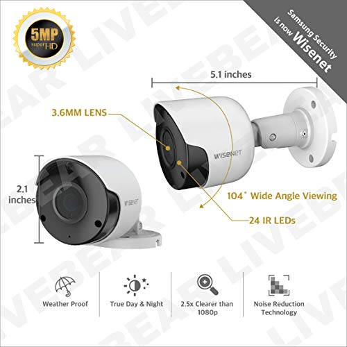 Wisenet Sdc-89445Bf 5Mp Cctv Surveillance Weatherproof Bullet Security Camera 82Ft Ir Distance Plastic Housing 3.6Mm Lens 104° Wide Angle (Quad Pack) #TOP2