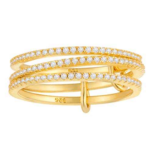 espere Rhodium Plated Sterling Silver Dainty Three Band Ring | Women's CZ Triple Eternity Ring | Thin Wedding Band for Stacking