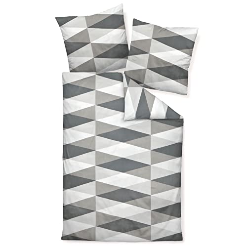 Janine Bettwäsche Set J.D. 87014 08 Opalgrau Silber Geometrie Dreieck Raute Muster modern Baumwolle Mako Satin, Größe:135 cm x 200 cm
