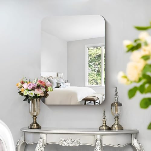 Image of Art Street Frameless Unframed Wall Mount Rectangular Mirror ? Curve Edges, Smooth Corners, Stylish Bathroom Mirror ? Suitable for Bathroom, Bedroom, Living Room, Dressing Room, 60x80 CM