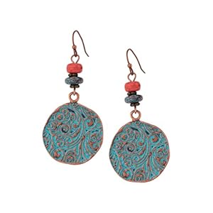 Bohemian Engraved Circle Disc Dangle Drop Earrings with Bead Accents, Boho Hippe Jewelry Gift for Women