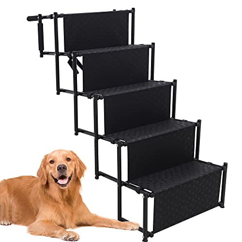 Dog Car Ramp, 5 Steps Dog Stairs for Medium and Large Dogs, Portable Folding Pet Ramp, Non-Slip Dog Steps for Cars, Trucks, SUVs, High Bed, Lightweight Car Dog Ladder Support 130Lbs