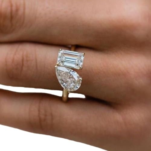 icedout 2 Ct Emerald And Pear Cut Diamond Classic Solitaire Delicate Elegant Wedding Ring 2-Stone Toi Et Moi Engagement Ring For Women 14K Gold Finish 925 Silver Handmade Anniversary Ring Gift For Her