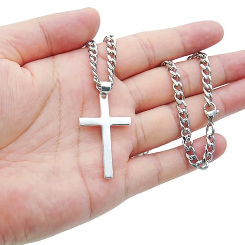 925 Sterling Silver Cross Necklace for Men Women, 5mm Stainless Steel Diamond-Cut Cuban Link Curb Chain3