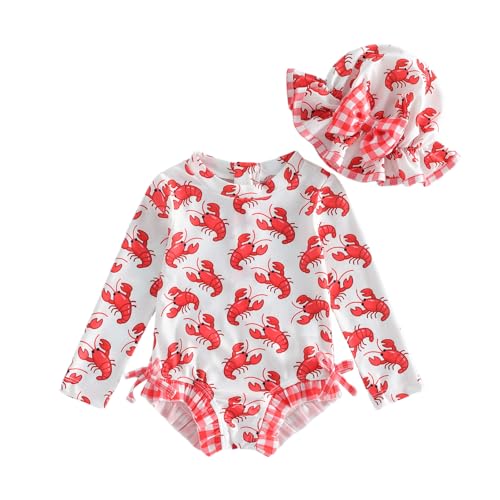 Toddler Baby Girls Lobster Swimsuit Long Sleeve One Piece Rash Guard Bathing Suit Ruffle Zipper Swimwear with Sun Hat (Crawfish Red 2-3 Years)
