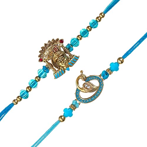 Image of eCraftIndia Shrinathji Peacock Rakhi Set of 2 | Rakhi for Brother Bhaiya Bhai with Best Bro Ever Fridge Magnet | Roli Chawal Pack