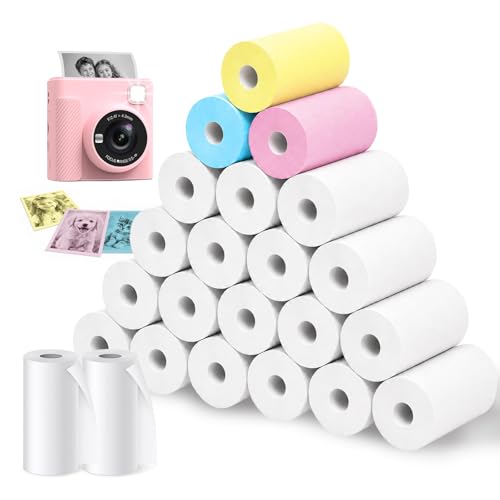 Wosyoodo 23 Rollos Papel Térmico para Cámara Infantil, 20 Blancos + 3 Colores (Rosa, Azul, Amarillo), Rollo Papel Cámara Fotos Infantil Instantánea, Fácil de Recargar, 5.7 x 2.5 cm