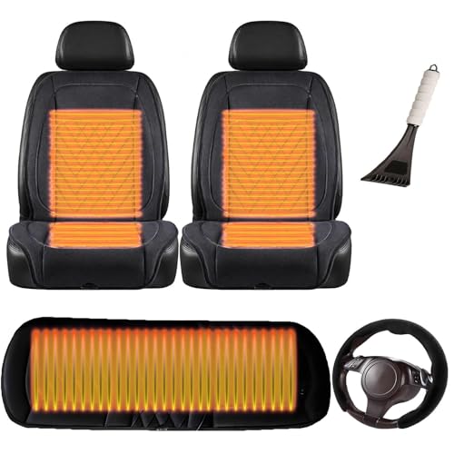カーシートヒーター, 12V/24V シガーソケット, 車 シートヒーター 後付け, 雪かきスコップが付属, 車 クッション, 取付簡単 防寒対策 暖房 幅広い車種に対応,黒-スリーピースセット+ステアリングカバー