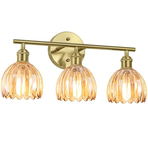 Kvhiiw Vintage Bathroom Light Fixtures,3-Light Hardwired Vanity Lights Over Mirror,Gold