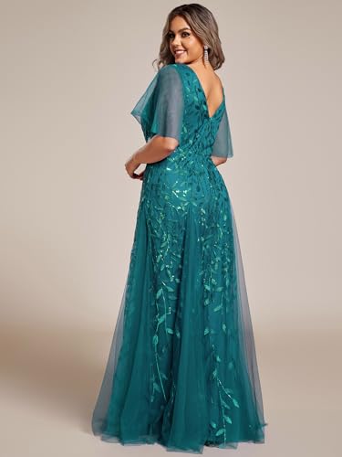 Image of Ever-Pretty Women's Sequin V Neck Plus Size Formal Dresses Evening Gown | Short Sleeve, A-Line, Empire Waist, Plus Size Mother of the Bride Dresses, Plus Size Gala Dress
