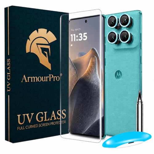 Image of ArmourPro UV Tempered Glass for Motorola Edge 60 Fusion 5G with Blue Camera Ring Guard Combo, Crystal Clear Screen Protector, Case Friendly, Anti-Scratch, Bubble-Free Installation Kit