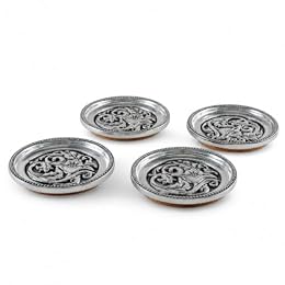 Arthur Court Concho Western Drink Coaster Set of 4 - Aluminum with Cork Padding - 4 Inch Diameter for Home, Kitchen, Dining, and Patio