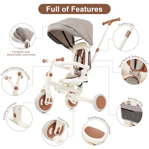 Image of 7 in 1 Baby Tricycle, Foldable Toddler Tricycle with Removable and Adjustable Parent Handle, Toddler Push Bike with Removable Pedal, Canopy, and Guardrail, Tricycle for 12-72 Months (Ivory)
