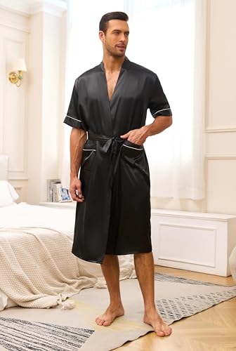 Men's Kimono Robe with Shorts 2 Pieces Silky Pajama Set Lightweight Satin Bathrobe Soft Sleepwear2